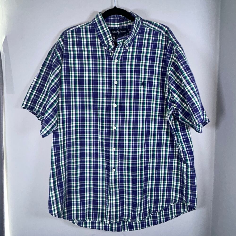 Ralph Lauren Blaire Plaid SS Button Up, Purple & Green, Sz XL, Embroidered Pony
